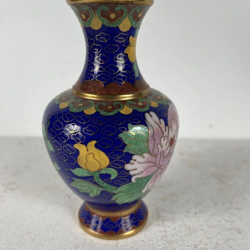 Vintage Deep Blue and Pink Cloisonne Vase Asian Style Peony Flower‎ Gold Accents